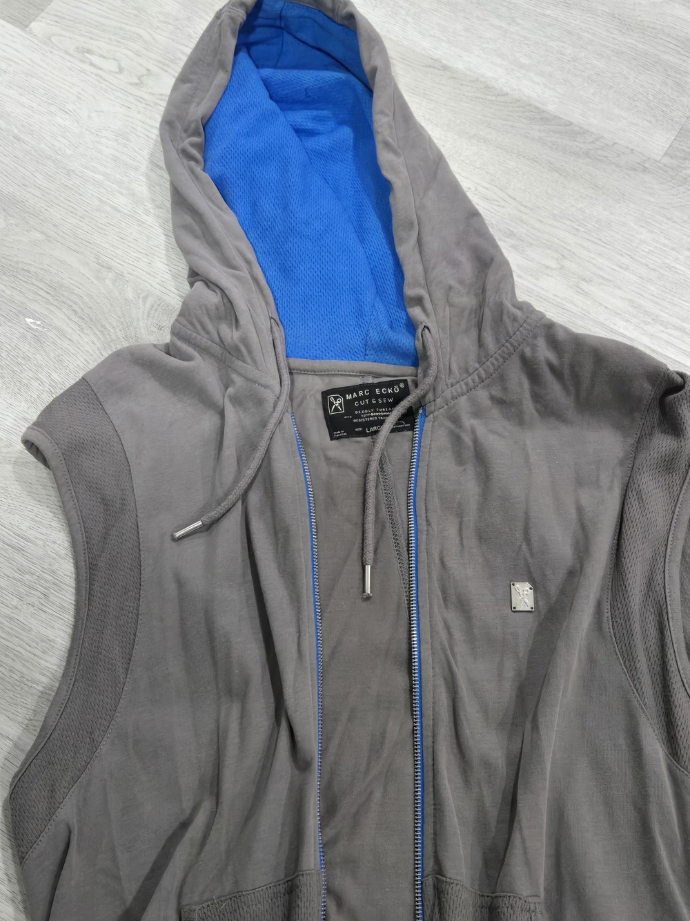 Marc Ecko Gray Sleeveless Zip Hoodie with Blue Hood Lining